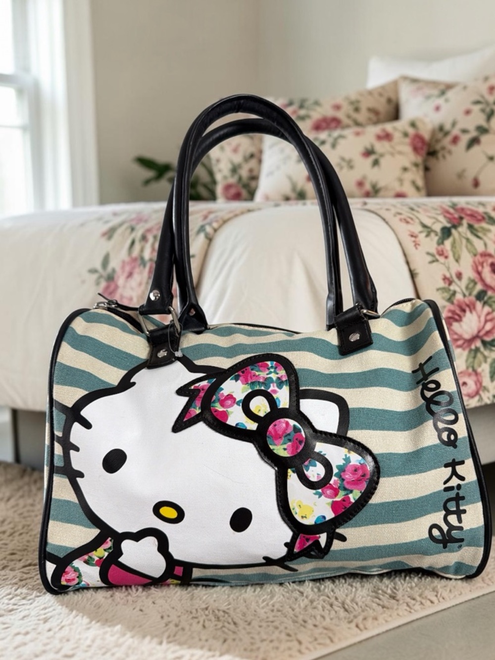 Loungefly x Hello Kitty 2013 Large Striped Satchel Floral Bow Sanrio Rare New